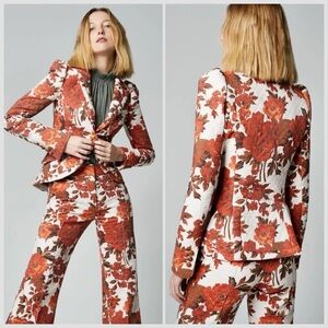 SMYTHE taped pouf sleeve one button blazer in Orange White rust floral Sz 4